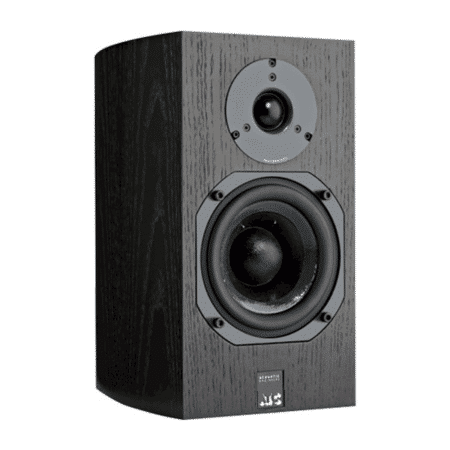 ATC SCM7 passive bookshelf speaker in Black Ash veneer, facing right