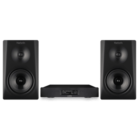 Pair of Harbeth NLE-1 speakers in Satin Black with a Black Lumin D3 network player on a white background