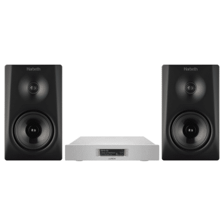 Pair of Harbeth NLE-1 speakers in Satin Black with a Silver Lumin D3 network player on a white background