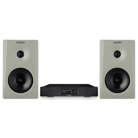 Pair of Harbeth NLE-1 speakers in Satin White with a Black Lumin D3 network player on a white background