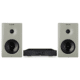 Pair of Harbeth NLE-1 speakers in Satin White with a Black Lumin D3 network player on a white background