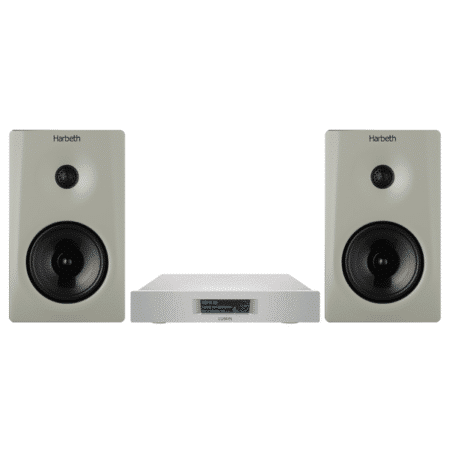 Pair of Harbeth NLE-1 speakers in Satin White with a Silver Lumin D3 network player on a white background