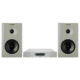 Pair of Harbeth NLE-1 speakers in Satin White with a Silver Lumin D3 network player on a white background