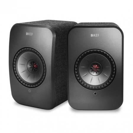 A pair of first generation KEF LSX speakers in Black on a white background