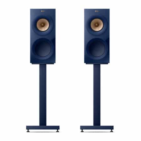 Pair of KEF R3 Meta Indigo Gloss speakers mounted on matching S3 Indigo Matte stands, front view on white
