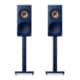 Pair of KEF R3 Meta Indigo Gloss speakers mounted on matching S3 Indigo Matte stands, front view on white