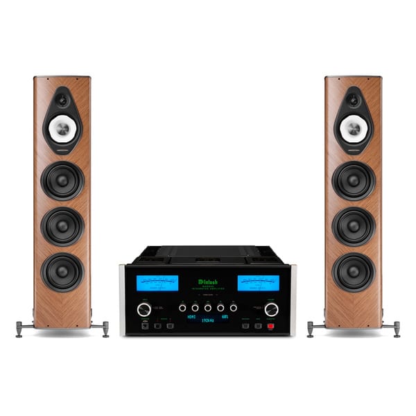 Suggested McIntosh MA8950 and Sonus faber Olympica G3 V pairing in Walnut; speakers additional