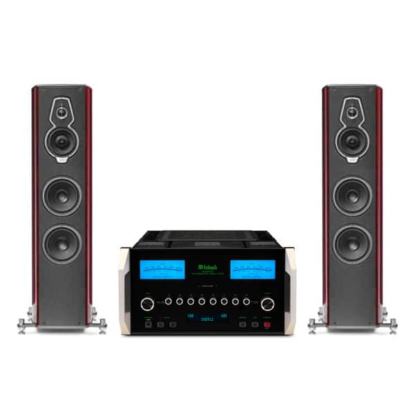 Suggested McIntosh MA9500 and Sonus faber Serafino G2 pairing in Red Violin; speakers additional