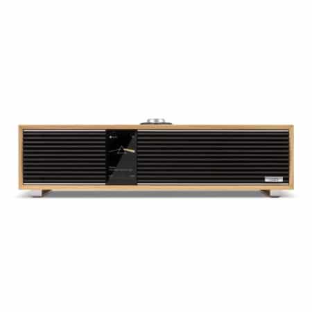 Ruark R410 Anniversary Edition in White Oak with ebonised grille, front view on a white background