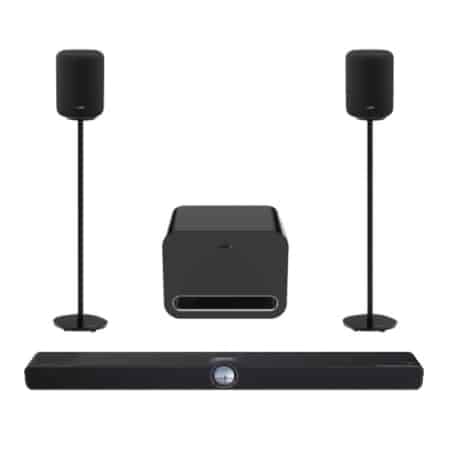Black WiiM Bar and Sub Pro with two Sound Lite rear speakers on NorStone floor stands